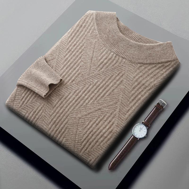 100%纯羊毛衫男士半高领重工提花加厚宽松套头毛衣羊毛针织打底衫