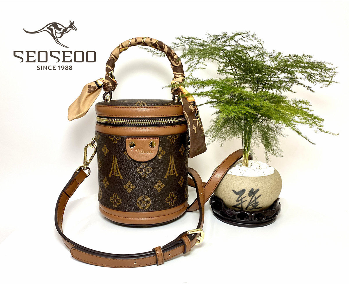 SEOSEOO南奥袋鼠2022新款网红老花圆柱手提水桶包欧美时尚斜挎包