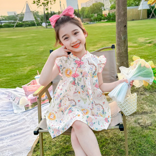 女童国风连衣裙夏季仙美改良古风公主旗袍裙儿童夏天宝宝碎花裙子
