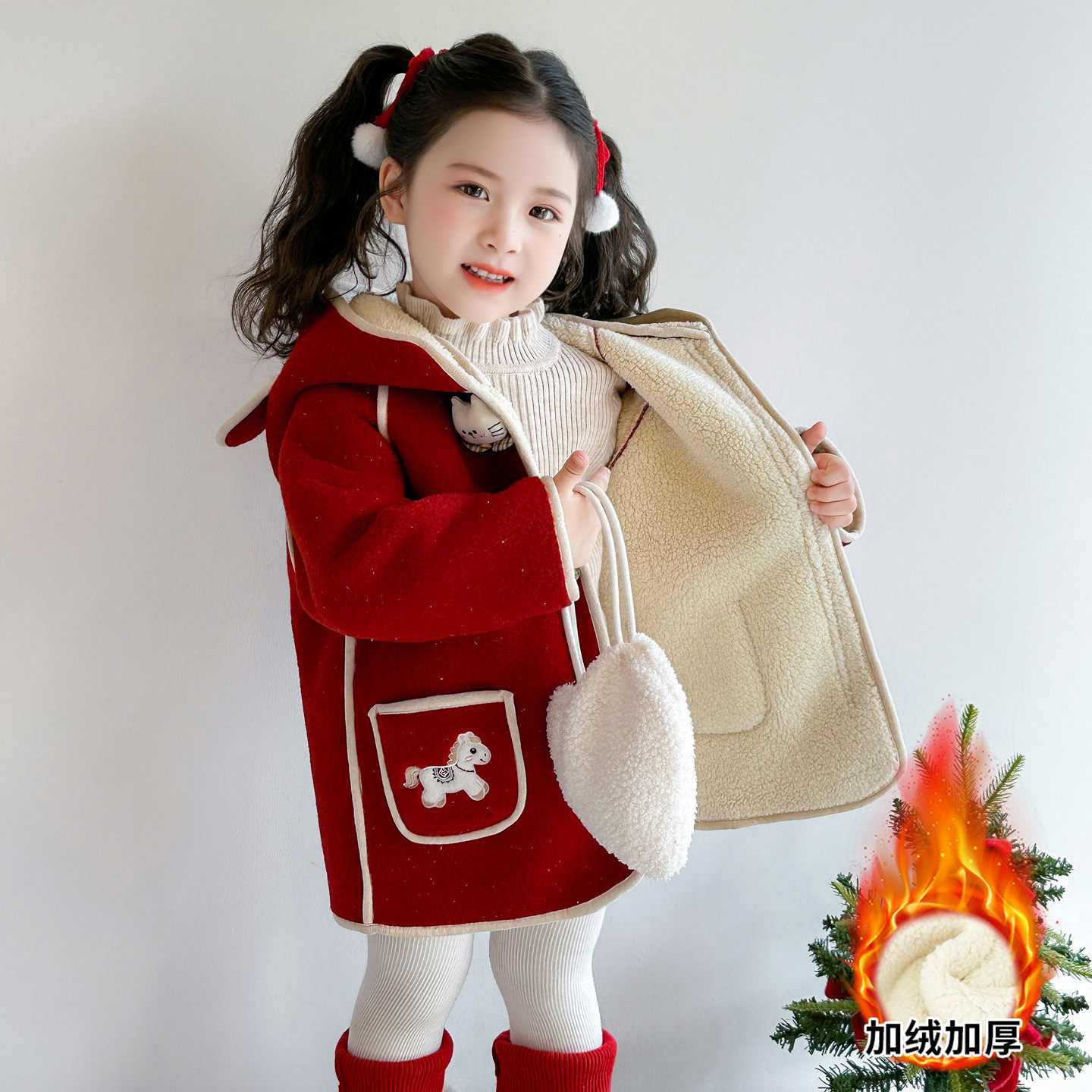 女童呢大衣秋冬季洋气加绒儿童中长款风衣红色宝宝毛呢外套拜年服,童装/婴儿装/亲子装,呢大衣,淘宝优惠券,粉丝福利购,淘宝优惠卷