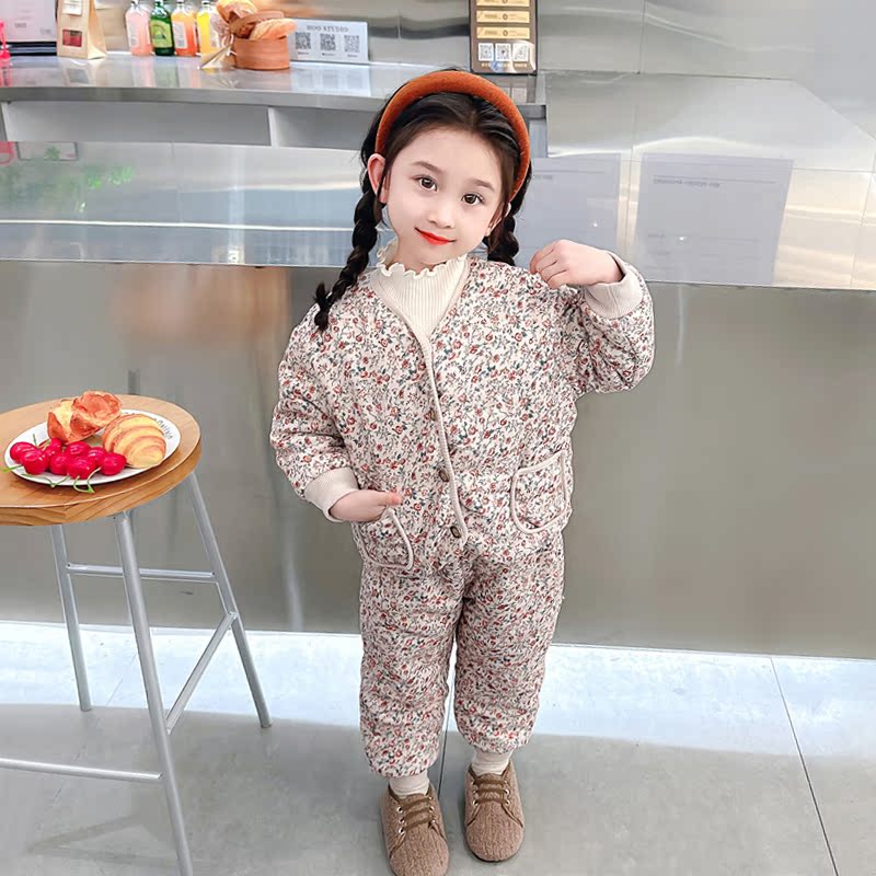 女童套装秋冬装洋气加绒宝宝外套网红冬季碎花加厚儿童棉服两件套