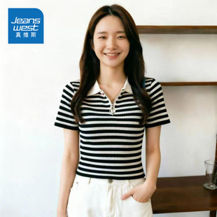 LYA真维斯白色短袖女款2026夏季新款韩版翻领半拉链短款内搭上衣