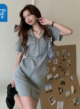 LYA真维斯浅灰色连衣裙女装2026夏季新款修身显瘦连帽拉链短裙女