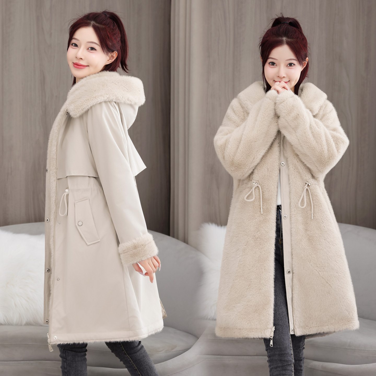 加绒收腰可脱卸袖子双面穿派克服