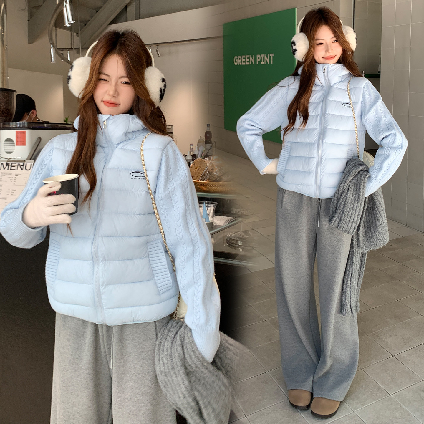 短款轻薄针织毛衣袖拼接时尚棉服