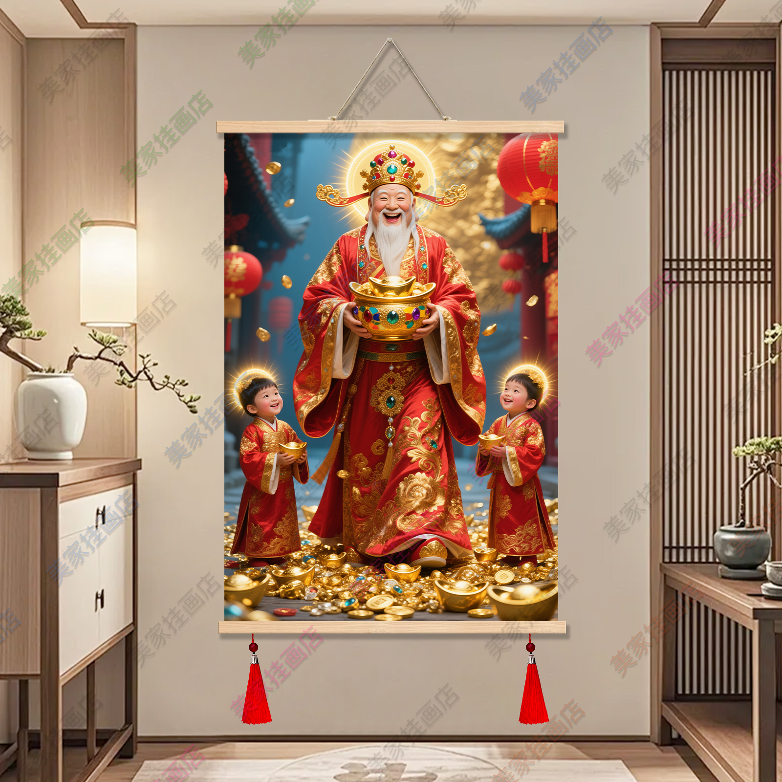 财神爷新中式玄关装饰画餐厅饭店走廊进门招财开业挂画风水装饰画图片