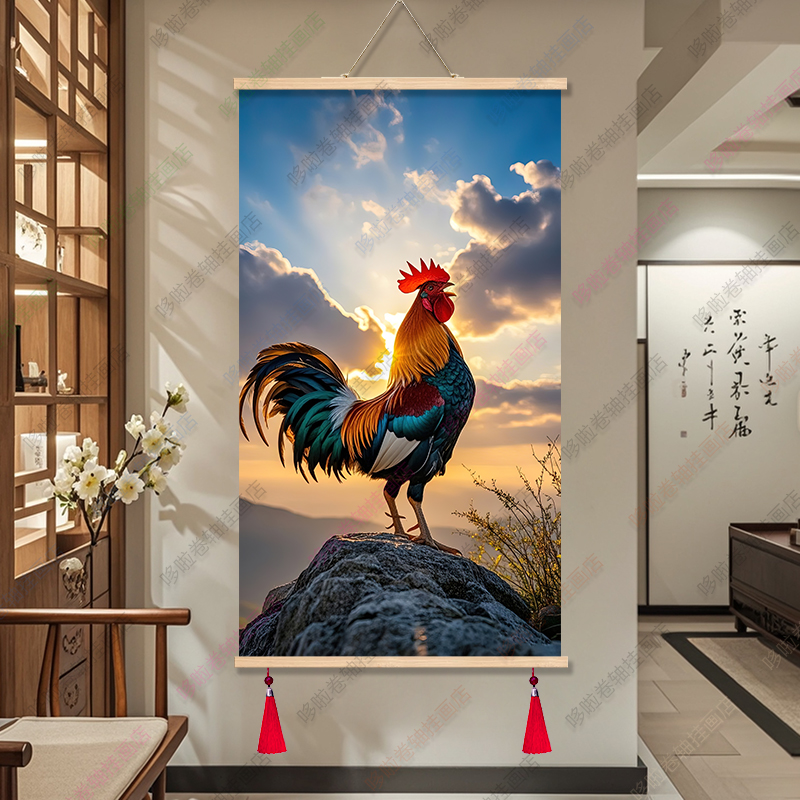 金鸡报晓实木挂画雄鸡公鸡画大吉大利客厅玄关新中式卷轴装饰画图片
