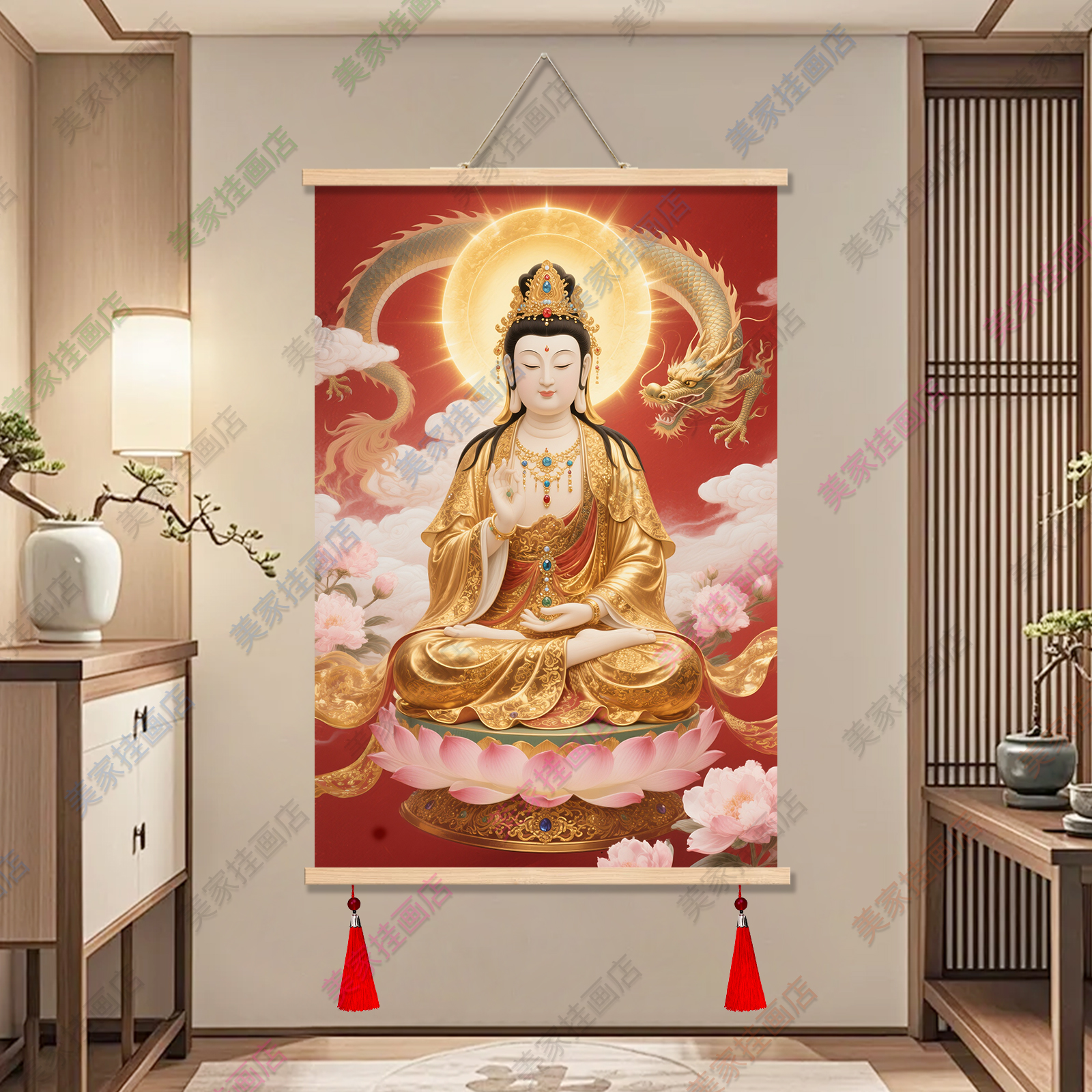 观音菩萨画像实木卷轴挂画