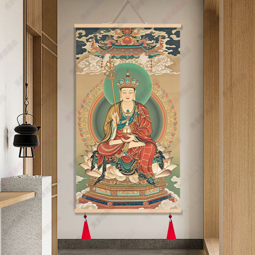 禅意地藏王菩萨画像实木卷轴挂画客厅玄关装饰画佛堂供奉挂画