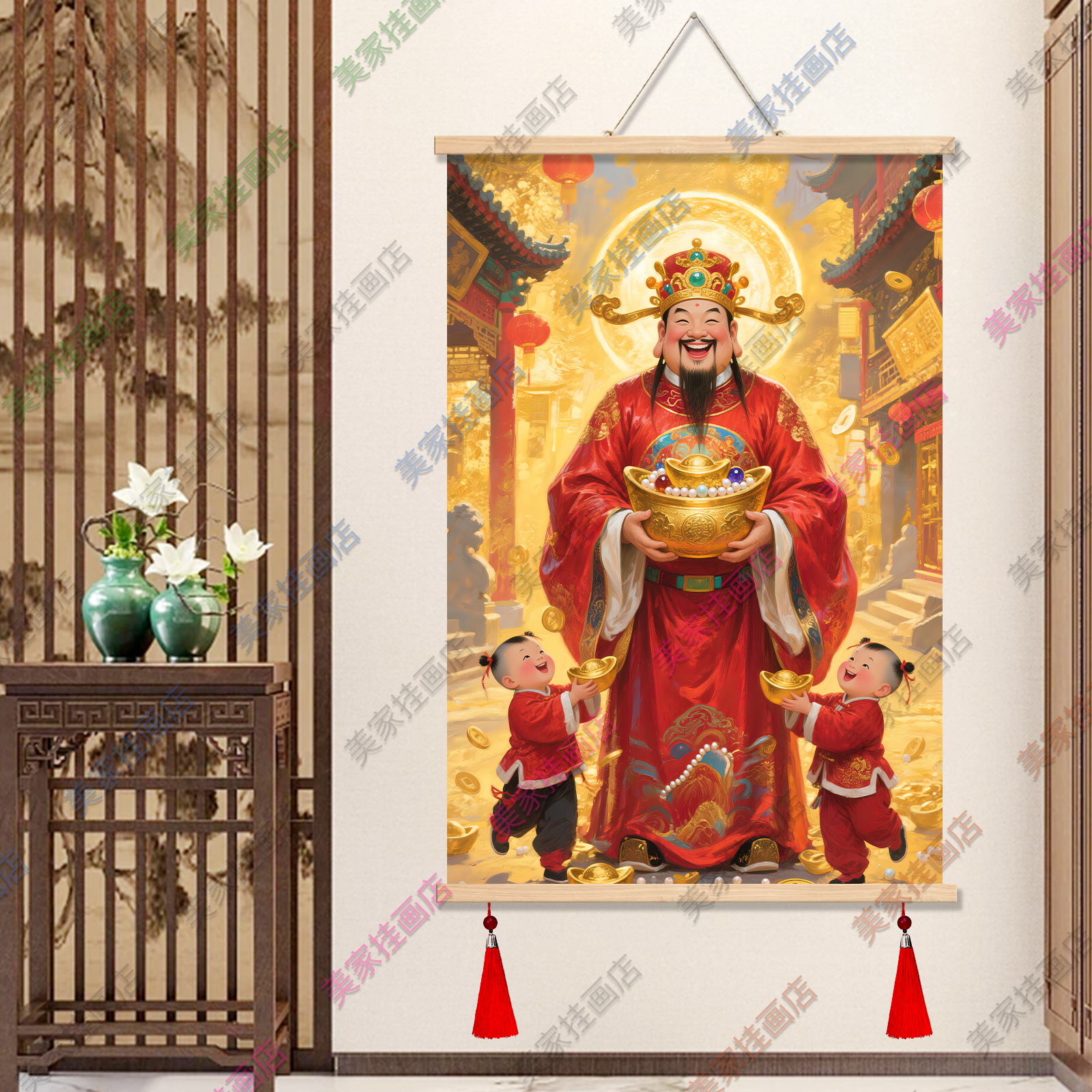 高档实木油画布文财神爷卷轴财神到挂画客厅中堂挂画新年开业装饰