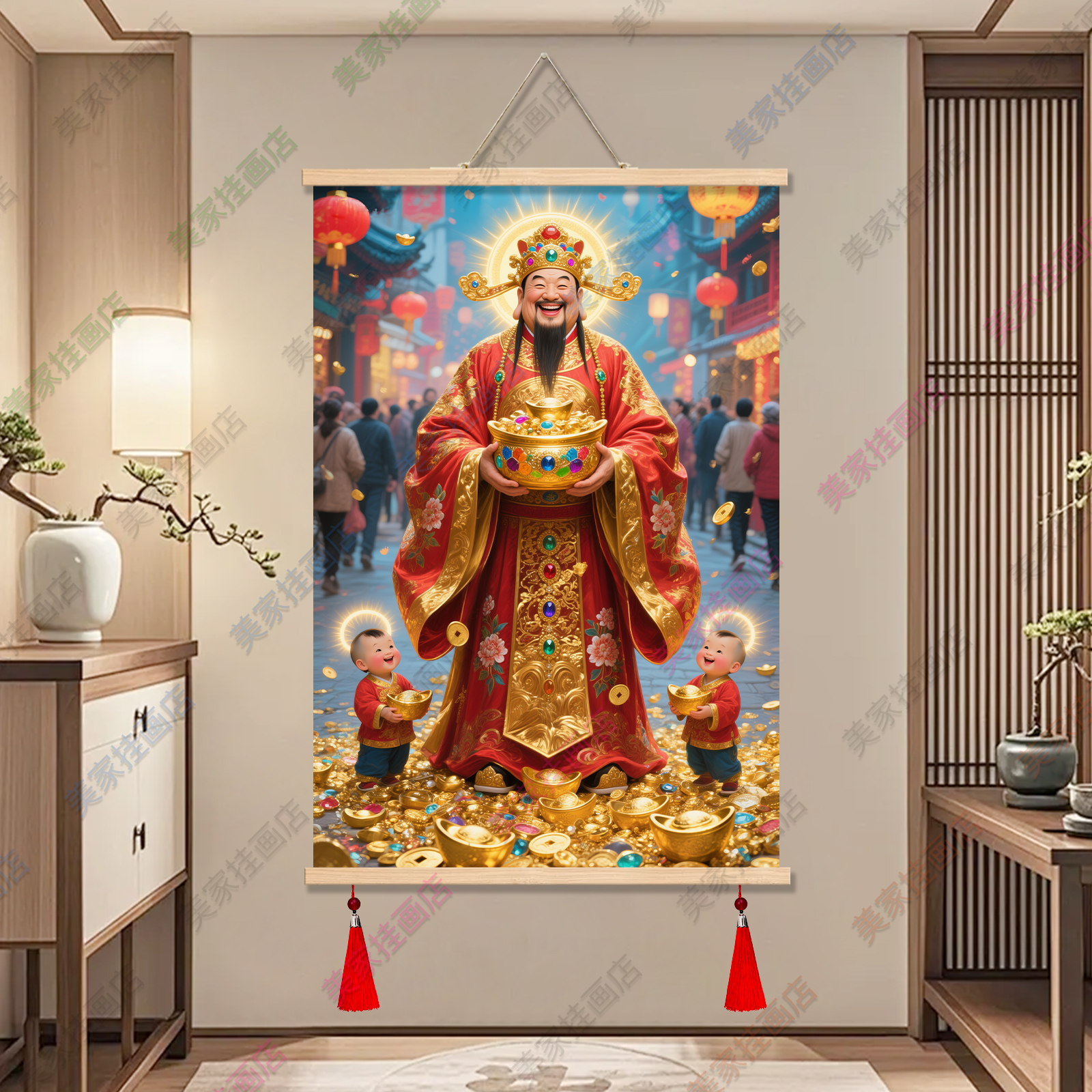 财神爷新中式玄关装饰画餐厅饭店走廊进门招财开业挂画风水装饰画图片