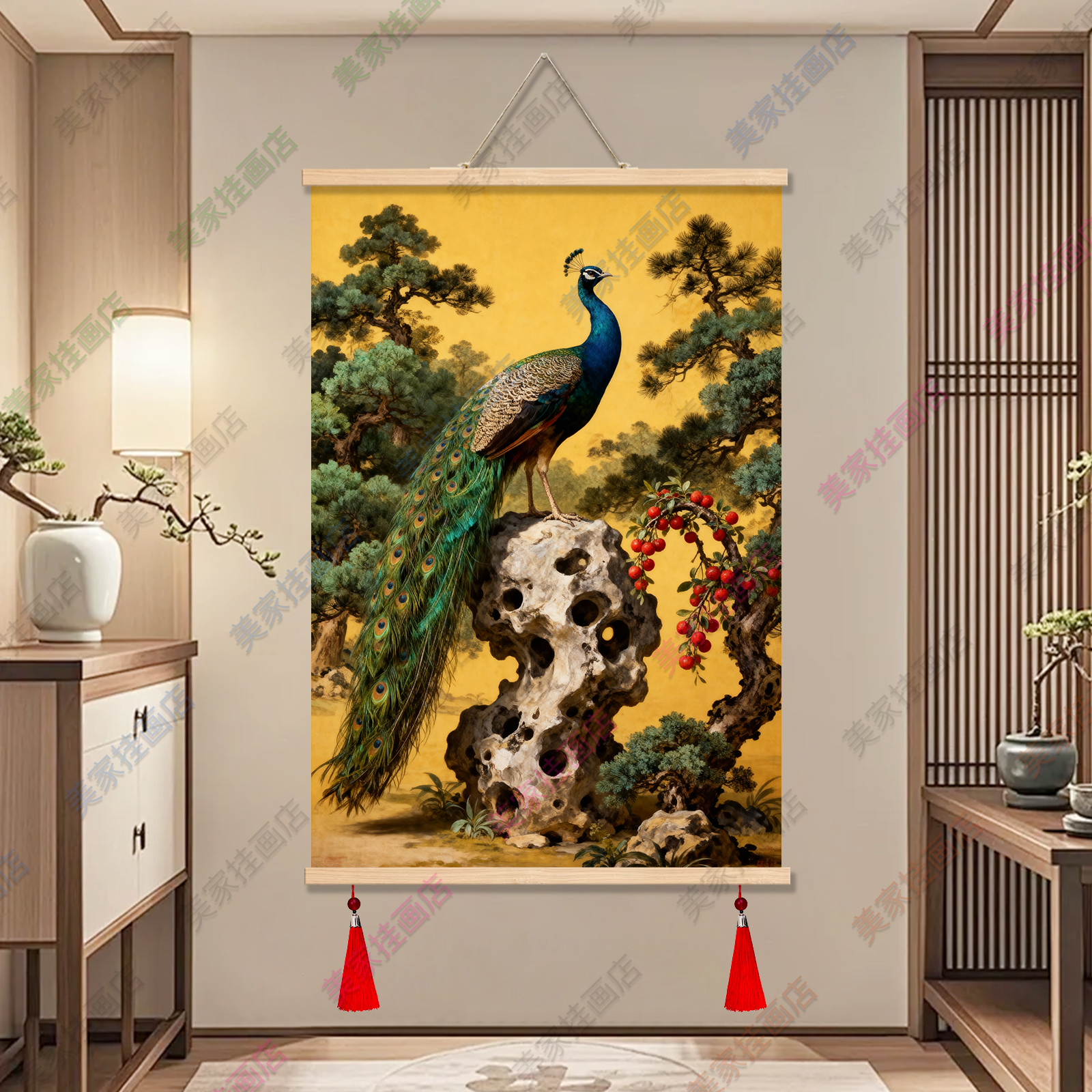 孔雀挂画新中式入户玄关画牡丹花开富贵家和装饰画客厅过道免打孔图片
