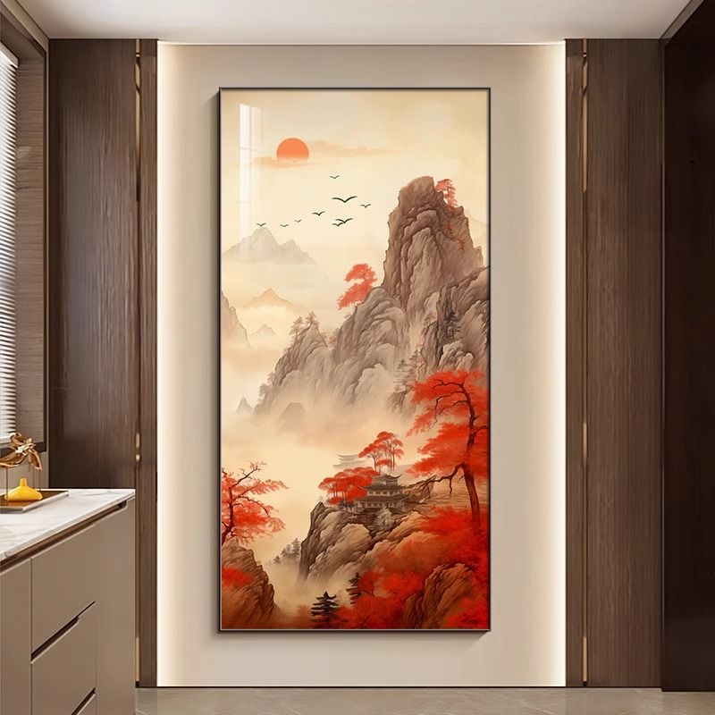 予夢世家鴻運當(dāng)頭山水畫豎版玄關(guān)裝飾畫中式靠山入戶門正對墻掛畫