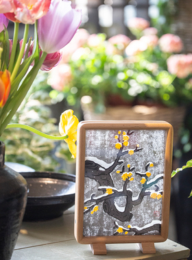 润土生发  春雪蜡梅清供图 水印水刻套色版画 家居装饰画