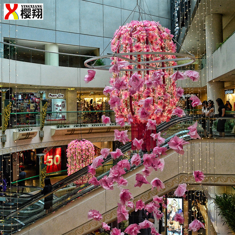 大型铁艺桃花发光灯笼吊饰 商场春节庆典活动中庭美陈装饰