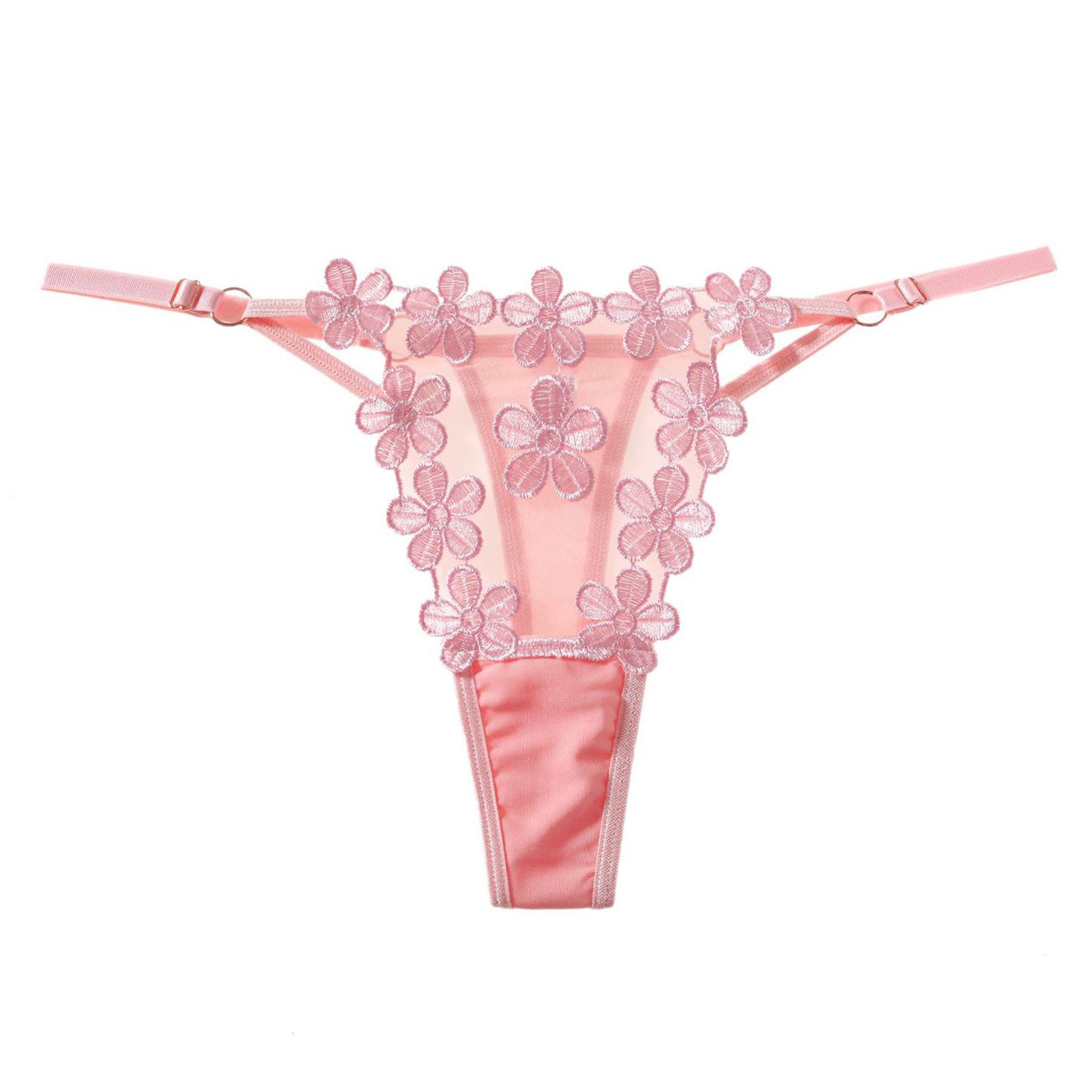 欧美调节扣性感内裤女诱惑刺绣花朵丁字裤低腰棉裆纯欲透明t字裤