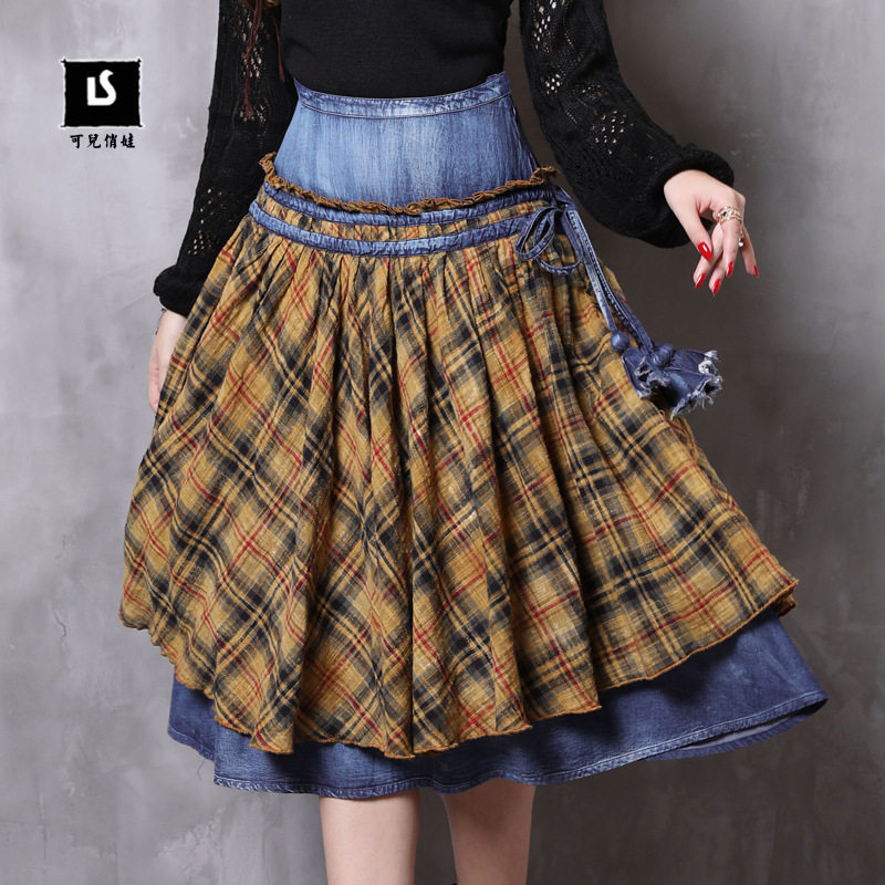 Brand Women 2019 Spring new pattern cowboy Big swing skirt Retro Cotton and hemp Plaid Hit color skirt X2222in the Women's clothing/Boutique , Skirts  category - from Buy2taobao.com to provide professional Taobao agent buy service