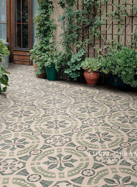 绿色复古阳台花砖地砖防滑院子厨房卫生间瓷砖全瓷浴室民宿广东砖