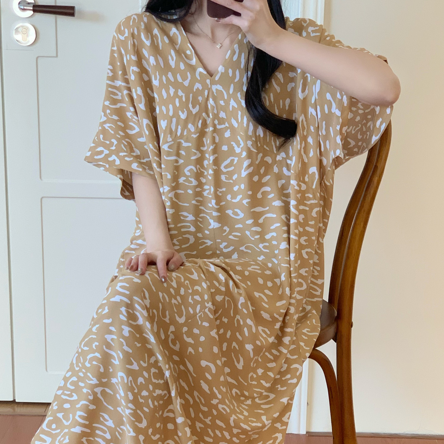 长款棉绸睡裙女夏短袖裙子绵绸人造棉睡衣裙孕妇连衣裙薄款大码