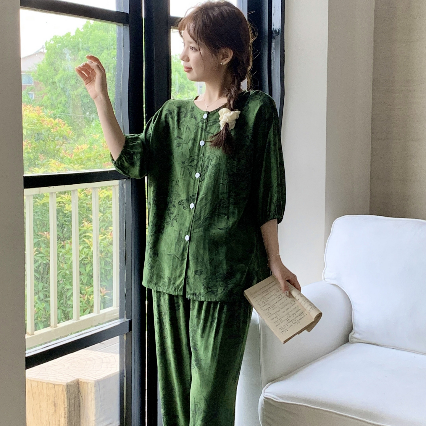 棉绸睡衣女夏短袖长裤人造棉妈妈家居服中袖绵绸薄款套装大码