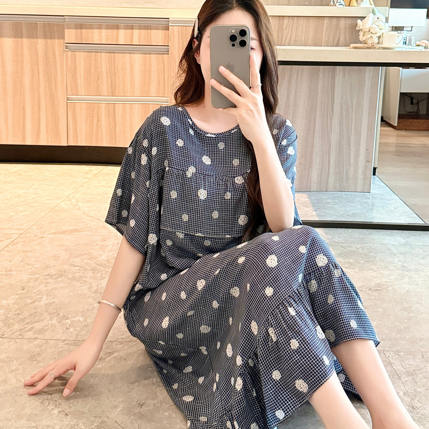 外穿防凸点棉绸睡裙女夏短袖妈妈睡衣孕妇连衣裙大码老人居家裙子