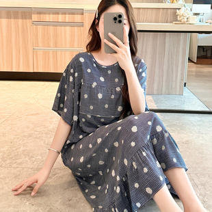 外穿防凸点棉绸睡裙女夏短袖妈妈睡衣孕妇连衣裙大码老人居家裙子