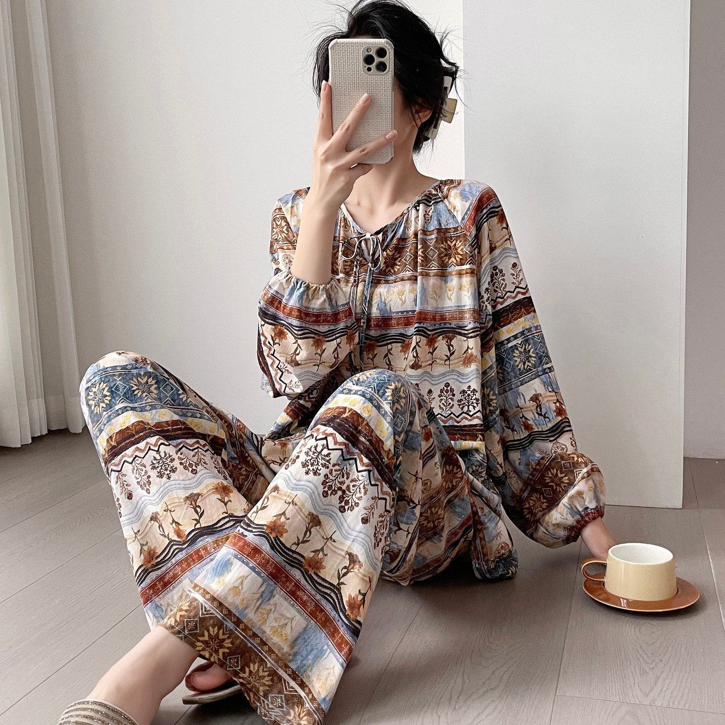 漂亮出门棉绸睡衣女春秋夏薄款长袖妈妈家居服人造棉老人套装大码