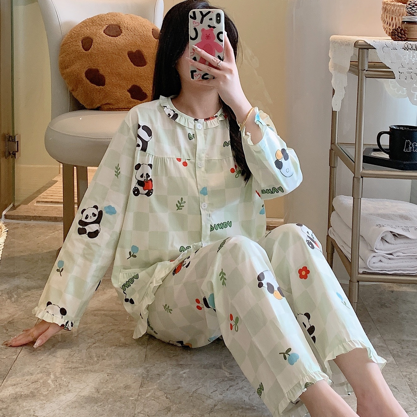 纯棉睡衣布料100全棉女春秋夏薄长袖妈妈家居服棉布套装外穿可爱