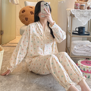 棉布睡衣纯棉布料100全棉女春秋夏薄款长袖妈妈家居服套装小个子