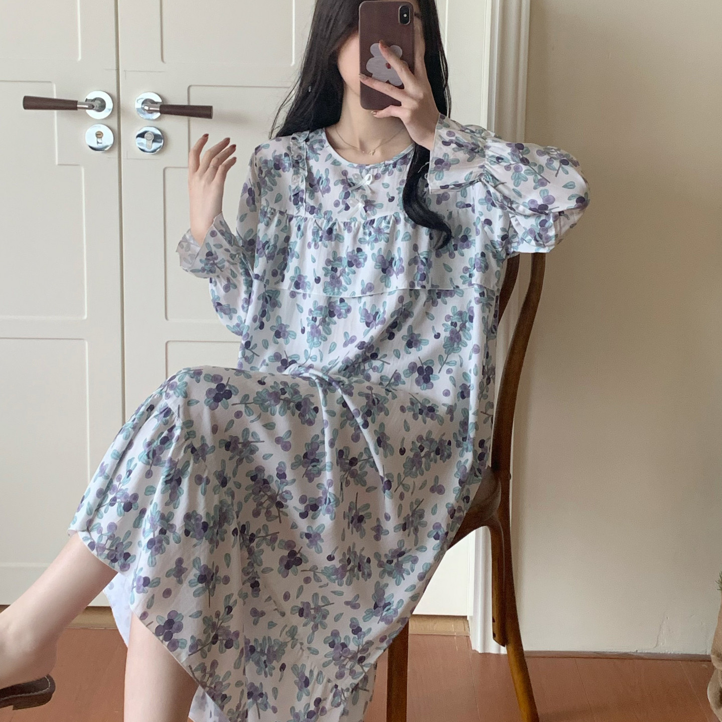 防凸点棉绸睡裙女夏长袖睡衣裙子绵绸人造棉连衣裙大码免胸垫外穿