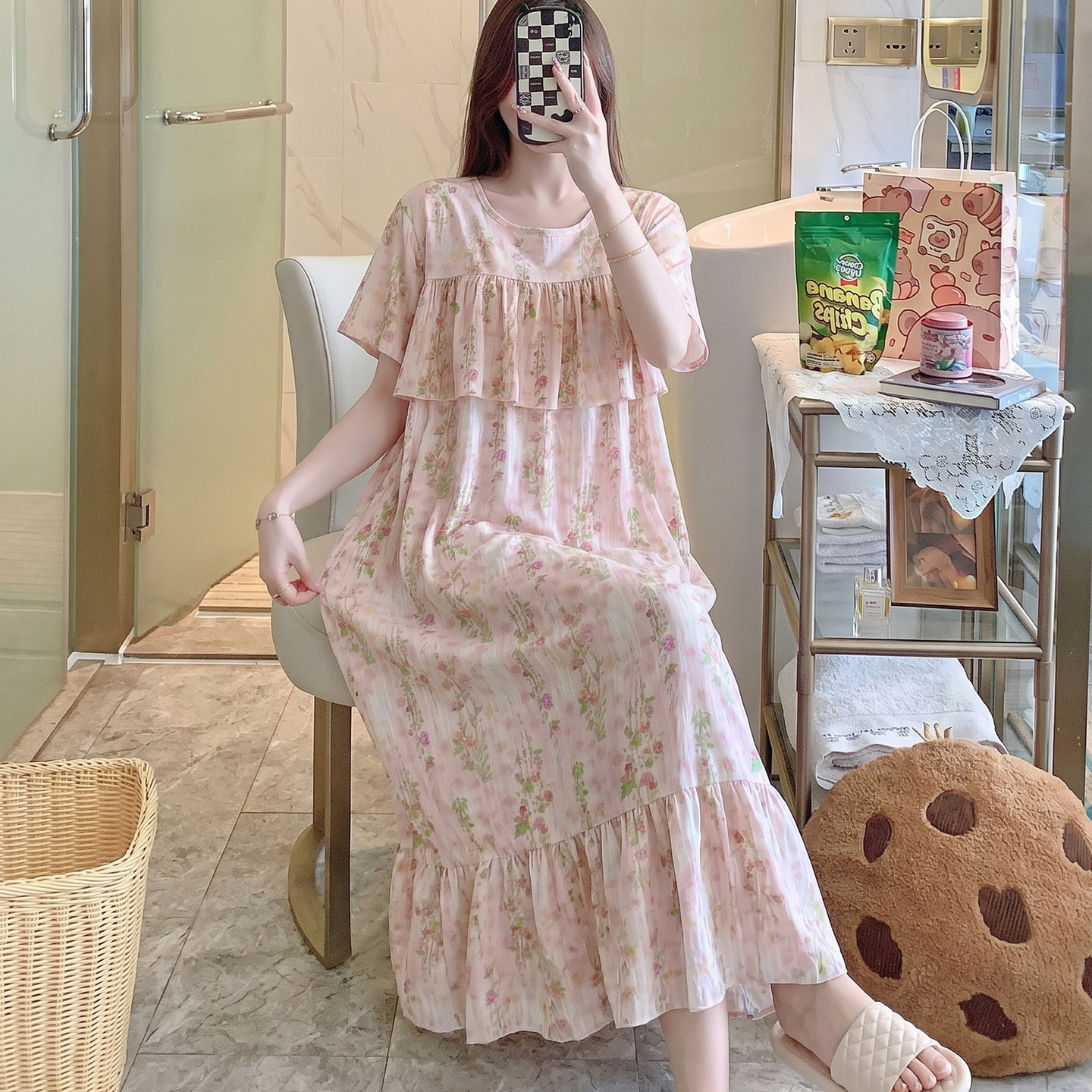 外穿长款防凸点棉绸睡裙女夏短袖睡衣孕妇连衣裙居家可爱大码胖MM