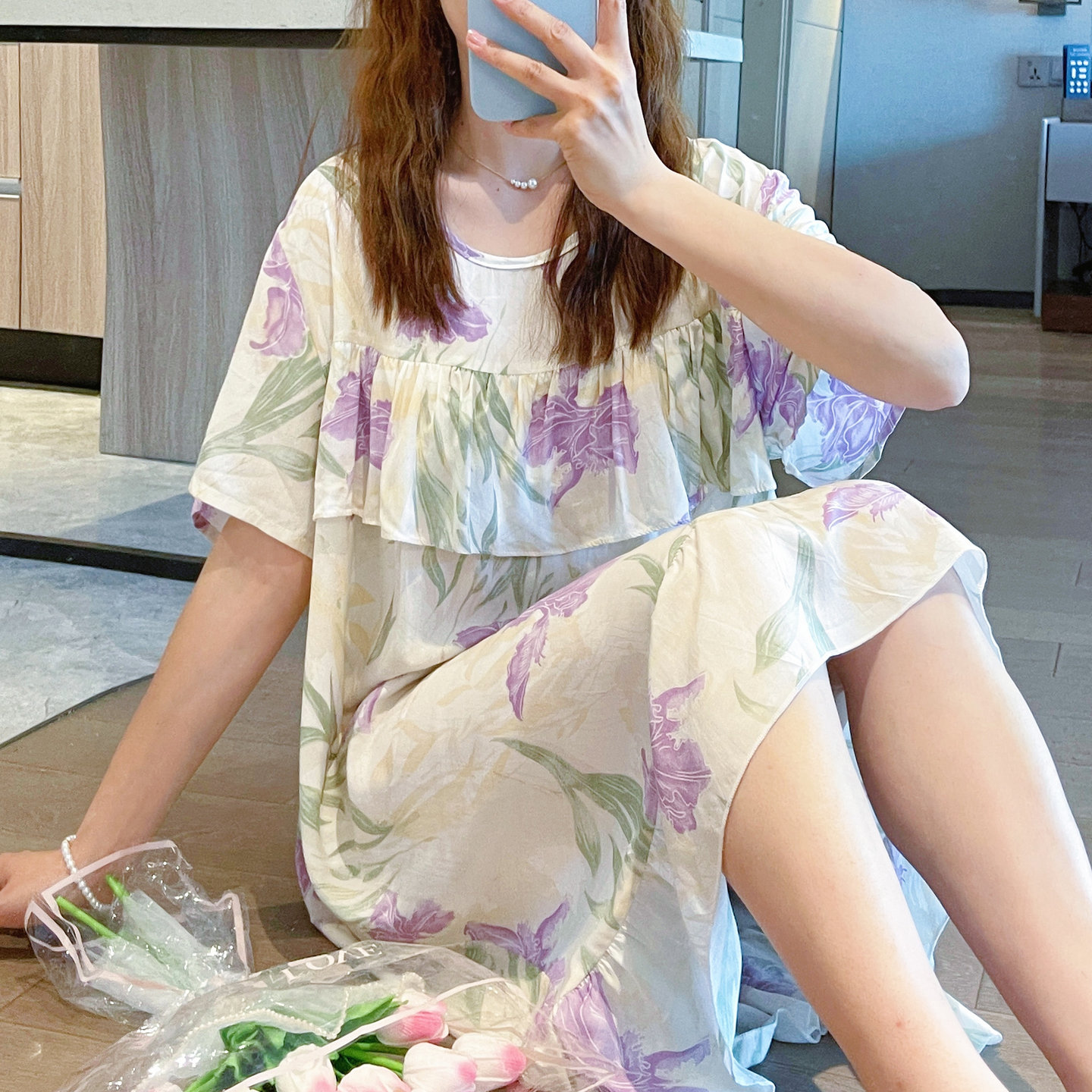 防凸点棉绸睡裙女夏短袖妈妈睡衣孕妇人造棉连衣裙薄款大码小个子