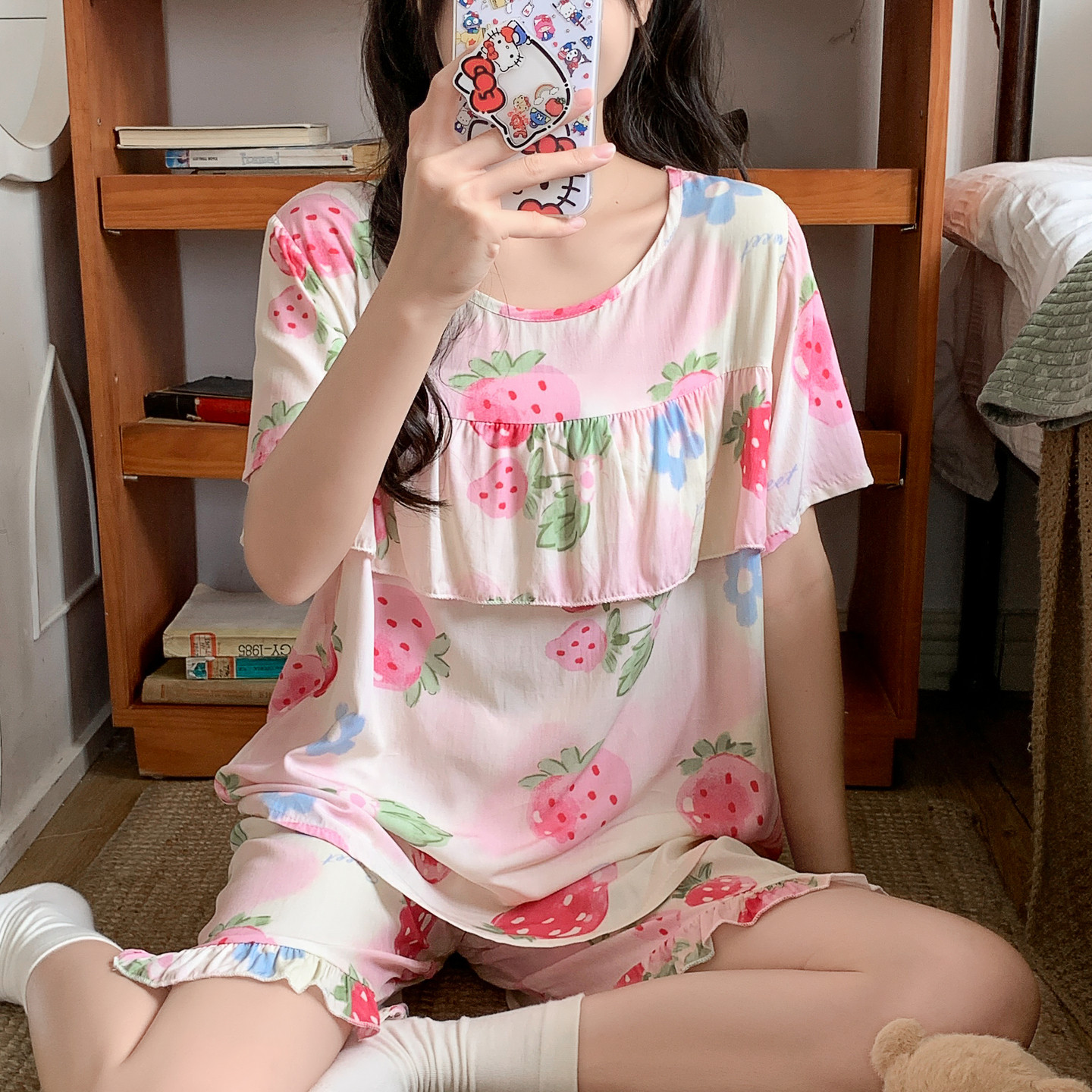 防凸点棉绸睡衣女夏短袖短裤薄款人造棉家居服绵绸套装可爱小个子