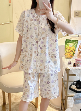 纯棉睡衣女夏短袖短裤100全棉家居服妈妈梭织棉布中老年套装大码