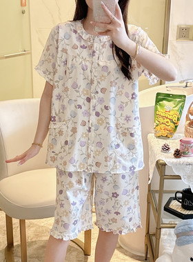 纯棉睡衣女夏短袖短裤100全棉家居服妈妈梭织棉布中老年套装大码