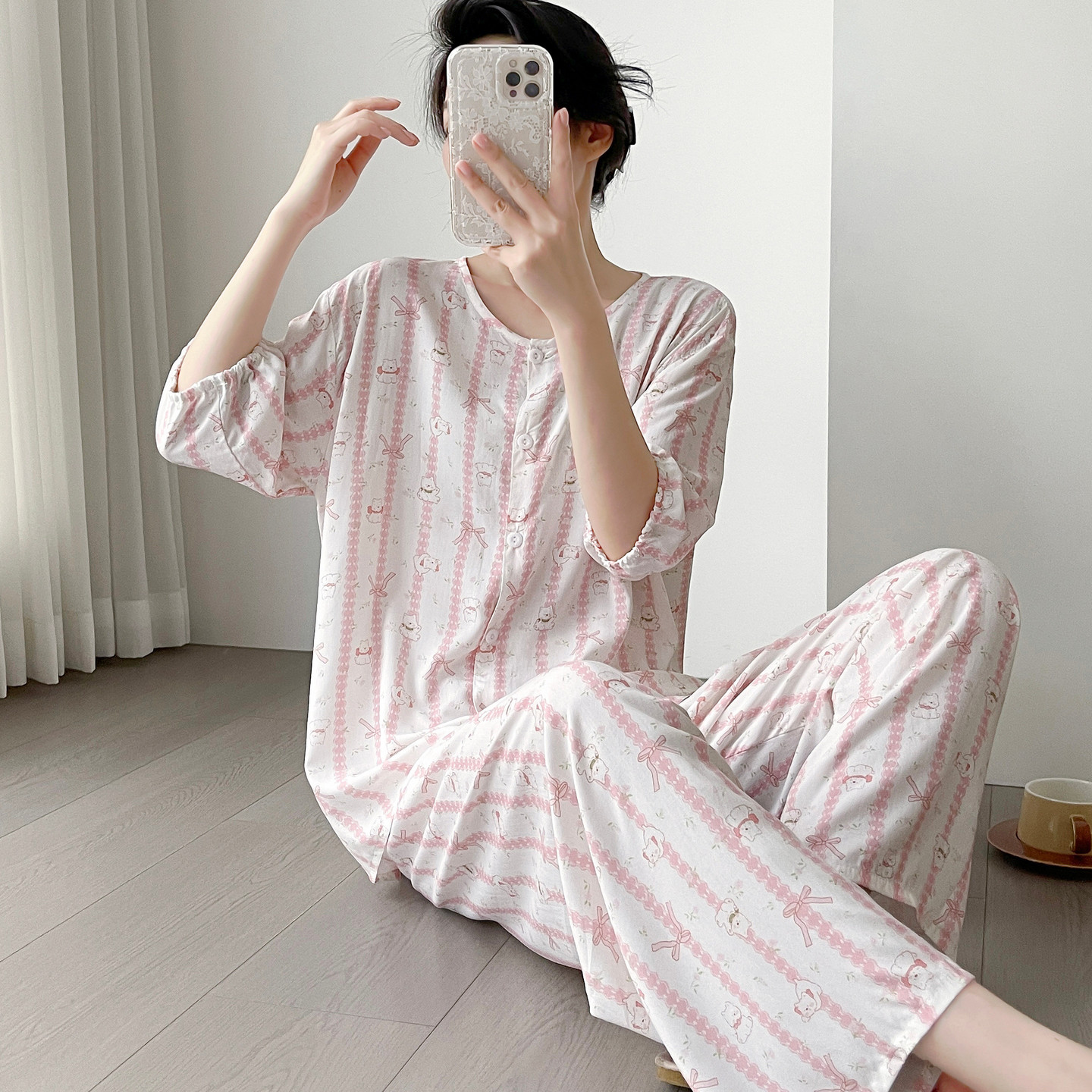外穿棉绸睡衣女夏短袖长裤春秋薄家居服妈妈人造棉套装小个子可爱