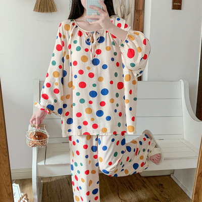 带胸垫一体外穿棉绸睡衣女春秋夏长袖绵绸妈妈家居服人造棉薄套装