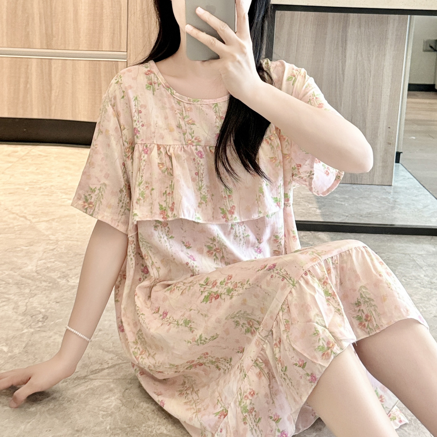 外穿防凸点棉绸睡裙女夏短袖人造棉睡衣孕妇连衣裙薄裙子大码胖MM