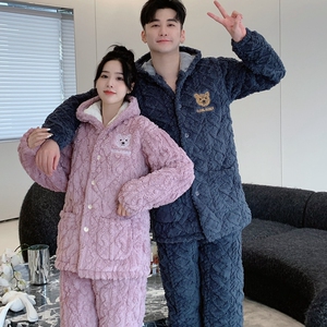 珊瑚绒夹棉睡衣情侣冬三层加厚加绒家居服男女法兰绒大码毛绒套装