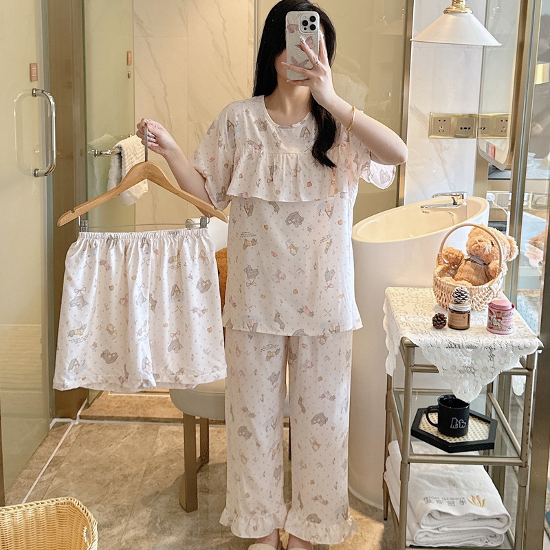 三件套棉绸睡衣女孩初中生夏短袖短裤薄绵绸家居服人造棉套装可爱