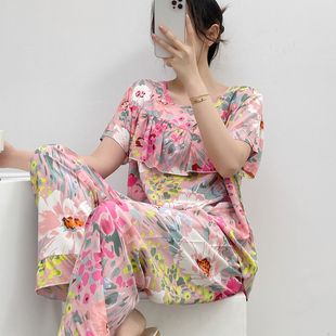 外穿防凸点棉绸睡衣女夏短袖长裤妈妈绵绸家居服人造棉薄套装流行
