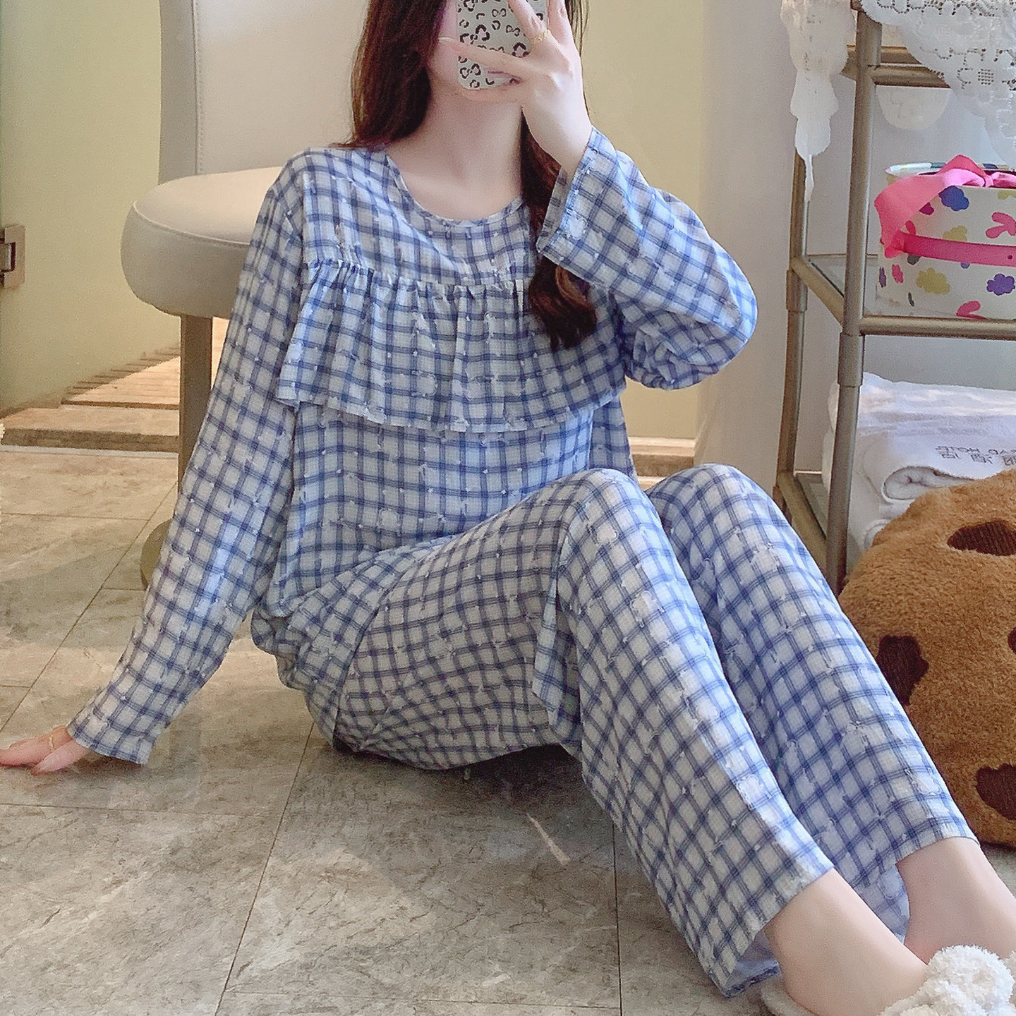 防凸点棉绸睡衣女春秋夏人造棉妈妈家居服绵绸薄套装今年流行漂亮