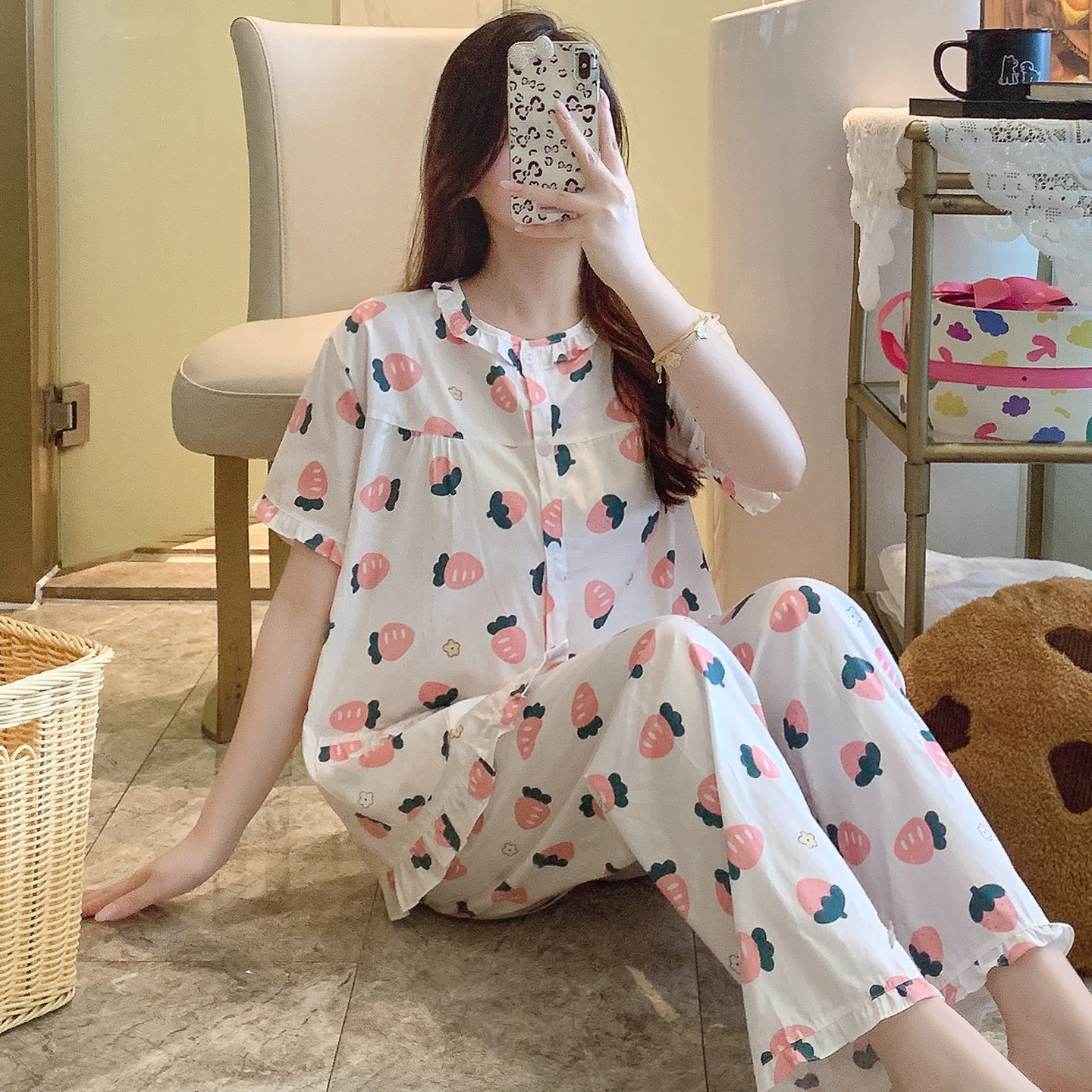 舒服纯棉睡衣女夏短袖长裤棉布全棉家居服妈妈春秋薄套装大码可爱