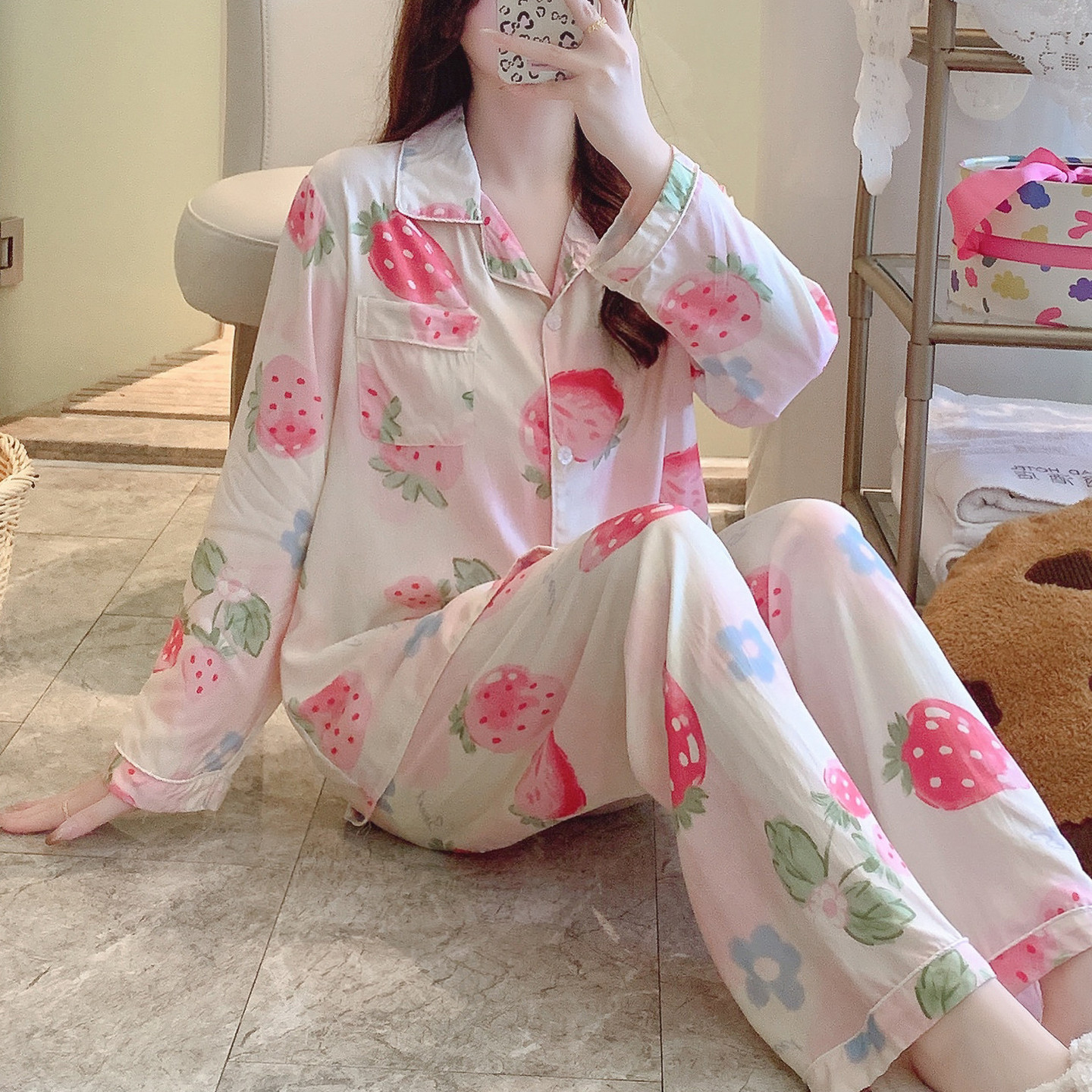 漂亮超火棉绸睡衣女春秋妈妈长袖夏薄款人造棉家居服绵绸套装可爱