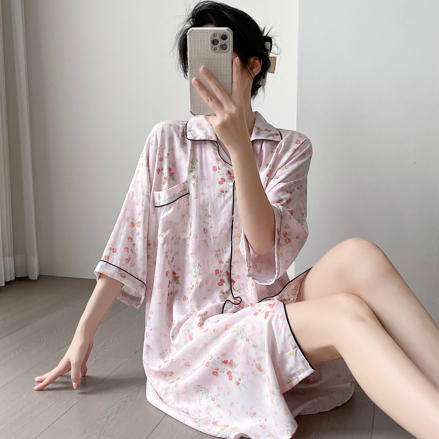 法式漂亮棉绸睡裙女夏短袖衬衫睡衣孕妇人造棉连衣裙居家舒适裙子