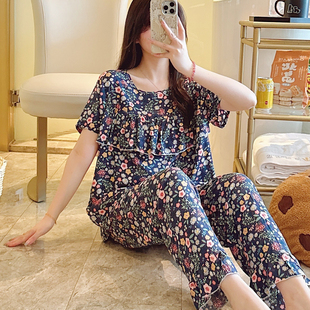 防凸点棉绸睡衣女夏短袖长裤绵绸妈妈家居服人造棉春秋中老年套装