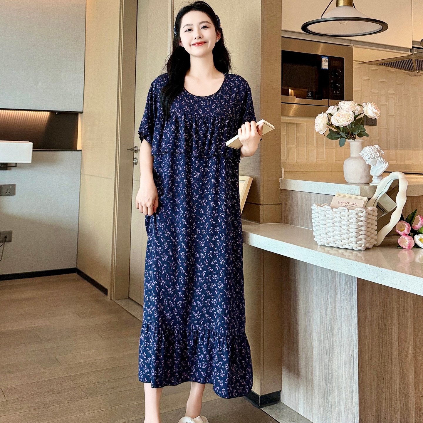 外穿长款防凸点棉绸睡裙女夏短袖孕妇连衣裙妈妈大码薄家居睡衣裙