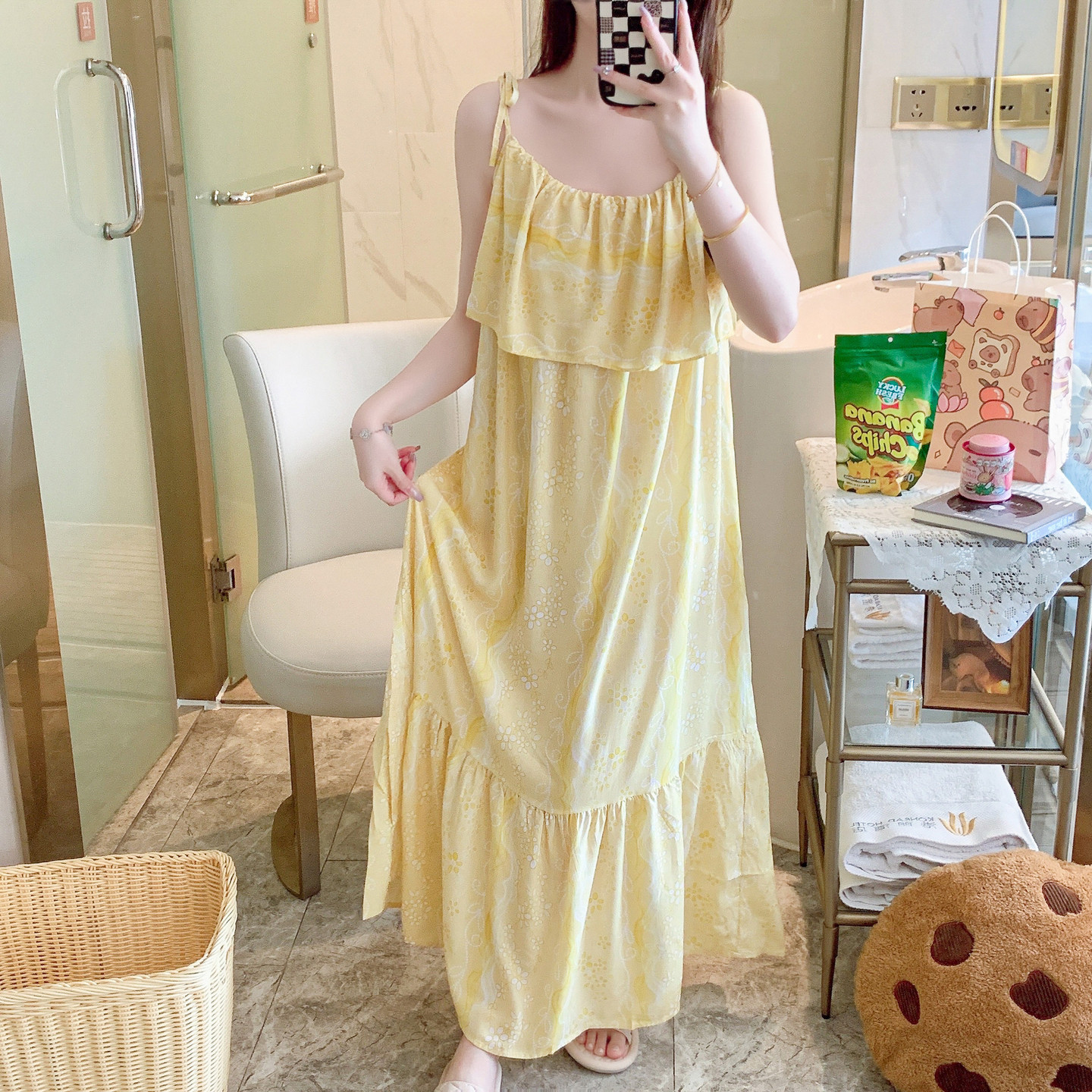 超火长款防凸点吊带睡裙女夏性感棉绸睡衣孕妇连衣裙漂亮居家裙子