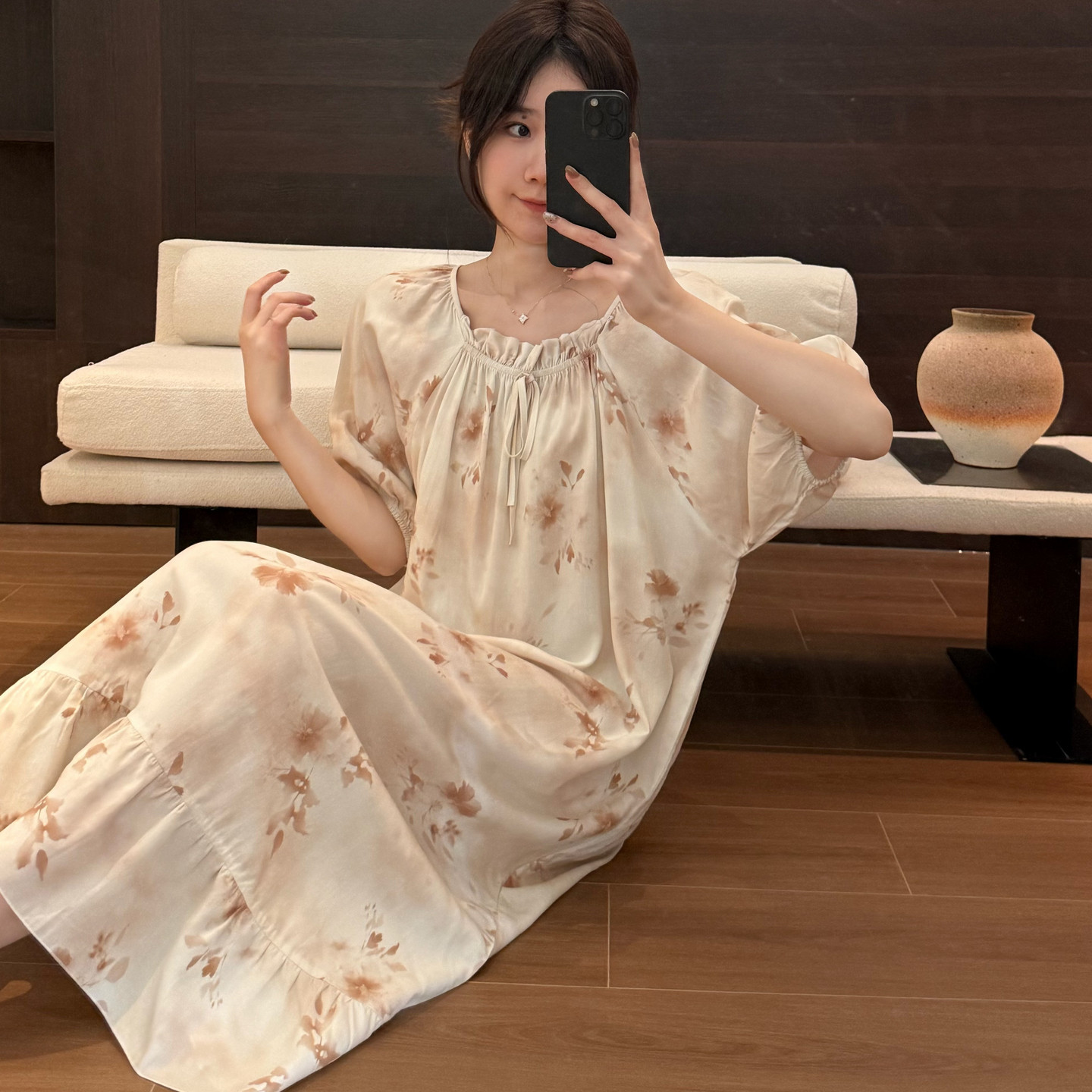 棉绸睡裙长款女夏裙子绵绸人造棉短袖睡衣裙连衣裙薄大码新款
