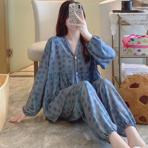 漂亮出门棉绸睡衣女春秋长袖夏薄款人造棉妈妈家居服绵绸大码套装